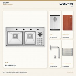 Crauf Lusso 1075 İnox 100×50 cm Evye + Lusso 4030 Çelik Batarya 5 Parça Premium Set