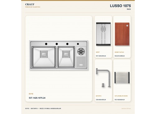 Crauf Lusso 1075 İnox 100×50 cm Evye + Lusso 4030 Çelik Batarya 5 Parça Premium Set