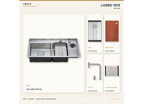 Crauf Lusso 1075 Mat Gri 100×50 cm Evye + Lusso 4030 Çelik (Mat Gri evye için nötr alternatif) Batarya 5 Parça Set