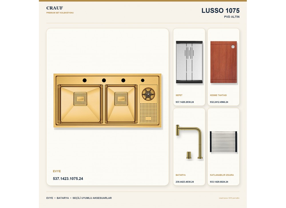 Crauf Lusso 1075 PVD Altın 100×50 cm Evye + Lusso 4030 PVD Altın Batarya 5 Parça Premium Set Crauf Lusso 1075 PVD Altın 100×50 cm Evye + Lusso 4030 PVD Altın Batarya 5 Parça Premium Set