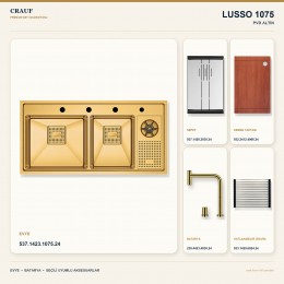 Crauf Lusso 1075 PVD Altın 100×50 cm Evye + Lusso 4030 PVD Altın Batarya 5 Parça Premium Set