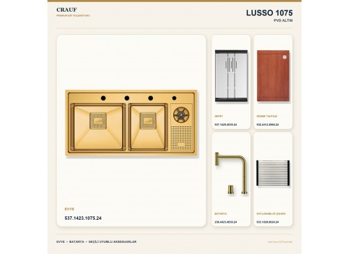 Crauf Lusso 1075 PVD Altın 100×50 cm Evye + Lusso 4030 PVD Altın Batarya 5 Parça Premium Set