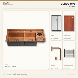 Crauf Lusso 1075 PVD Bakır 100×50 cm Evye + Lusso 4030 PVD Bakır Batarya 5 Parça Premium Set