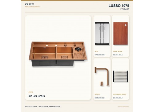 Crauf Lusso 1075 PVD Bakır 100×50 cm Evye + Lusso 4030 PVD Bakır Batarya 5 Parça Premium Set