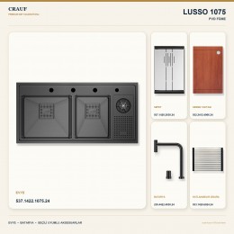 Crauf Lusso 1075 PVD Füme 100×50 cm Evye + Lusso 4030 PVD Füme Batarya 5 Parça Premium Set