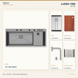 Crauf Lusso 1080 Mat Gri 118×50 cm Evye + Lusso 4030 Çelik (Mat Gri evye için nötr alternatif) Batarya 5 Parça Set