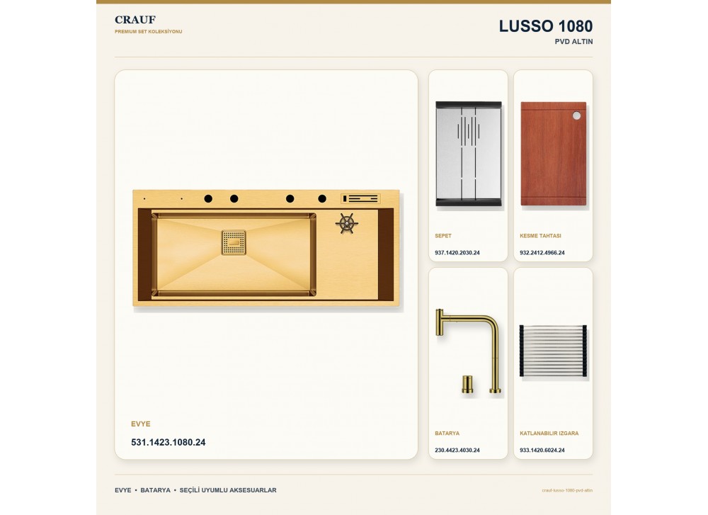 Crauf Lusso 1080 PVD Altın 118×50 cm Evye + Lusso 4030 PVD Altın Batarya 5 Parça Premium Set Crauf Lusso 1080 PVD Altın 118×50 cm Evye + Lusso 4030 PVD Altın Batarya 5 Parça Premium Set