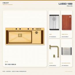 Crauf Lusso 1080 PVD Altın 118×50 cm Evye + Lusso 4030 PVD Altın Batarya 5 Parça Premium Set