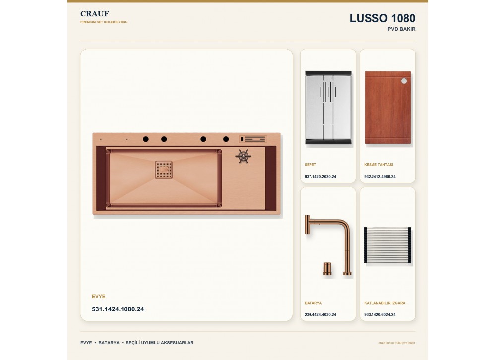 Crauf Lusso 1080 PVD Bakır 118×50 cm Evye + Lusso 4030 PVD Bakır Batarya 5 Parça Premium Set Crauf Lusso 1080 PVD Bakır 118×50 cm Evye + Lusso 4030 PVD Bakır Batarya 5 Parça Premium Set