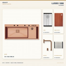 Crauf Lusso 1080 PVD Bakır 118×50 cm Evye + Lusso 4030 PVD Bakır Batarya 5 Parça Premium Set