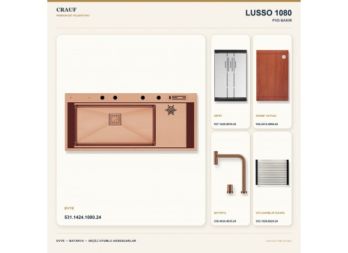Crauf Lusso 1080 PVD Bakır 118×50 cm Evye + Lusso 4030 PVD Bakır Batarya 5 Parça Premium Set