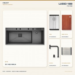Crauf Lusso 1080 PVD Füme 118×50 cm Evye + Lusso 4030 PVD Füme Batarya 5 Parça Premium Set
