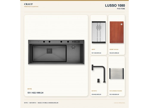 Crauf Lusso 1080 PVD Füme 118×50 cm Evye + Lusso 4030 PVD Füme Batarya 5 Parça Premium Set