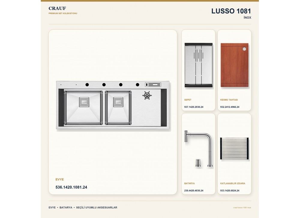 Crauf Lusso 1081 İnox 120×50 cm Evye + Lusso 4030 Çelik Batarya 5 Parça Premium Set Crauf Lusso 1081 İnox 120×50 cm Evye + Lusso 4030 Çelik Batarya 5 Parça Premium Set