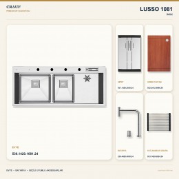 Crauf Lusso 1081 İnox 120×50 cm Evye + Lusso 4030 Çelik Batarya 5 Parça Premium Set