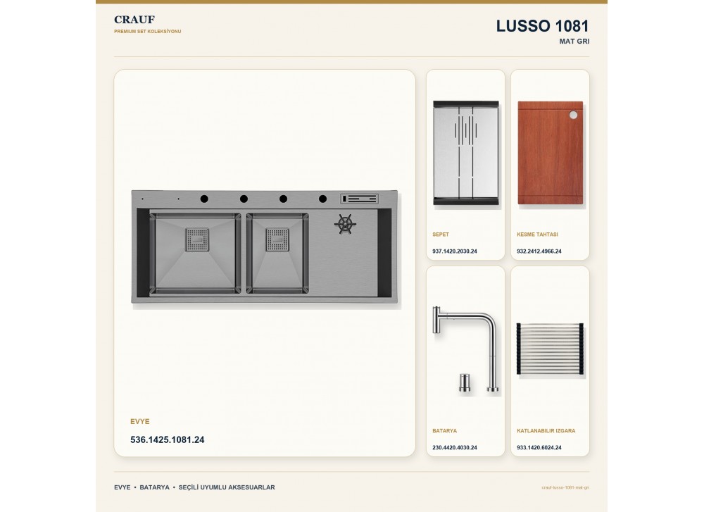 Crauf Lusso 1081 Mat Gri 120×50 cm Evye + Lusso 4030 Çelik (Mat Gri evye için nötr alternatif) Batarya 5 Parça Set Crauf Lusso 1081 Mat Gri 120×50 cm Evye + Lusso 4030 Çelik (Mat Gri evye için nötr alternatif) Batarya 5 Parça Set