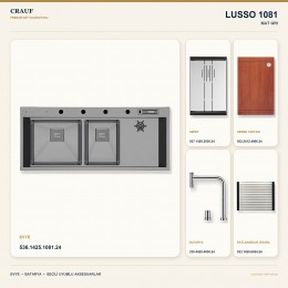 Crauf Lusso 1081 Mat Gri 120×50 cm Evye + Lusso 4030 Çelik (Mat Gri evye için nötr alternatif) Batarya 5 Parça Set