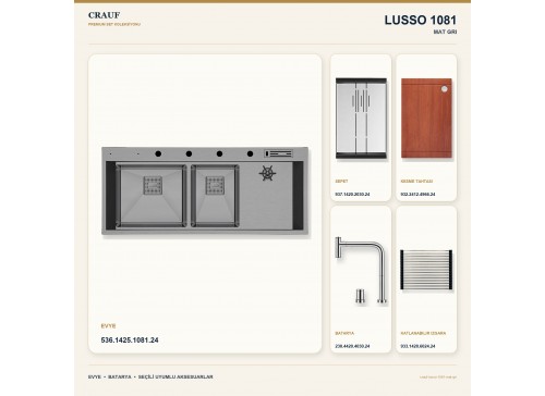 Crauf Lusso 1081 Mat Gri 120×50 cm Evye + Lusso 4030 Çelik (Mat Gri evye için nötr alternatif) Batarya 5 Parça Set