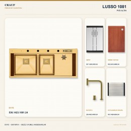 Crauf Lusso 1081 PVD Altın 120×50 cm Evye + Lusso 4030 PVD Altın Batarya 5 Parça Premium Set