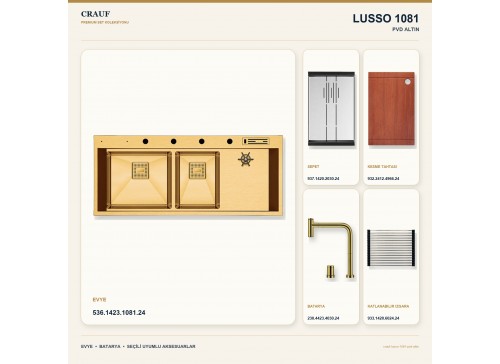 Crauf Lusso 1081 PVD Altın 120×50 cm Evye + Lusso 4030 PVD Altın Batarya 5 Parça Premium Set