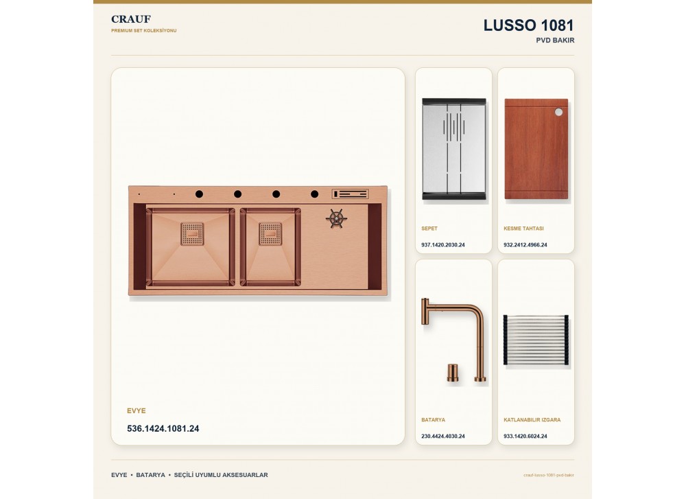 Crauf Lusso 1081 PVD Bakır 120×50 cm Evye + Lusso 4030 PVD Bakır Batarya 5 Parça Premium Set Crauf Lusso 1081 PVD Bakır 120×50 cm Evye + Lusso 4030 PVD Bakır Batarya 5 Parça Premium Set