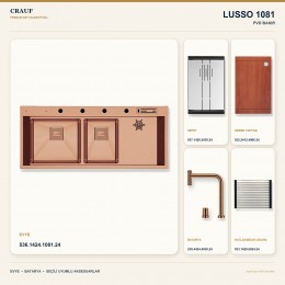 Crauf Lusso 1081 PVD Bakır 120×50 cm Evye + Lusso 4030 PVD Bakır Batarya 5 Parça Premium Set