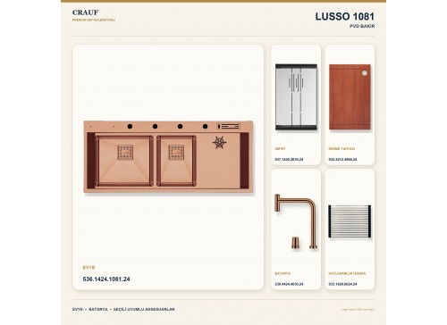 Crauf Lusso 1081 PVD Bakır 120×50 cm Evye + Lusso 4030 PVD Bakır Batarya 5 Parça Premium Set