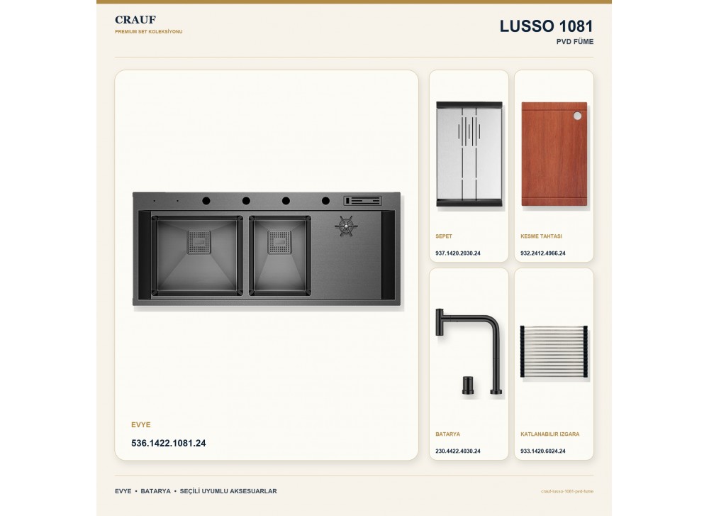 Crauf Lusso 1081 PVD Füme 120×50 cm Evye + Lusso 4030 PVD Füme Batarya 5 Parça Premium Set Crauf Lusso 1081 PVD Füme 120×50 cm Evye + Lusso 4030 PVD Füme Batarya 5 Parça Premium Set