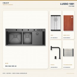 Crauf Lusso 1081 PVD Füme 120×50 cm Evye + Lusso 4030 PVD Füme Batarya 5 Parça Premium Set