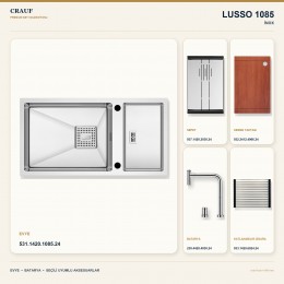 Crauf Lusso 1085 İnox 82×43 cm Evye + Lusso 4030 Çelik Batarya 5 Parça Premium Set
