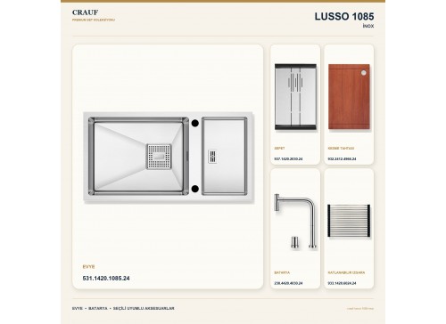 Crauf Lusso 1085 İnox 82×43 cm Evye + Lusso 4030 Çelik Batarya 5 Parça Premium Set