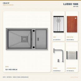 Crauf Lusso 1085 Mat Gri 82×43 cm Evye + Lusso 4030 Çelik (Mat Gri evye için nötr alternatif) Batarya 5 Parça Set