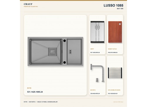 Crauf Lusso 1085 Mat Gri 82×43 cm Evye + Lusso 4030 Çelik (Mat Gri evye için nötr alternatif) Batarya 5 Parça Set
