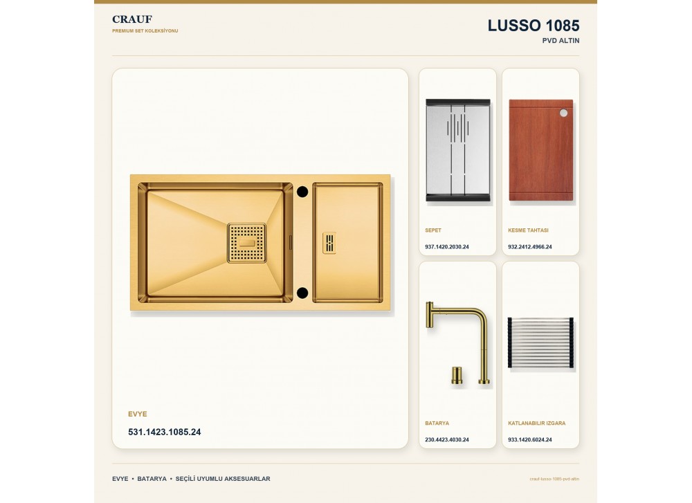 Crauf Lusso 1085 PVD Altın 82×43 cm Evye + Lusso 4030 PVD Altın Batarya 5 Parça Premium Set Crauf Lusso 1085 PVD Altın 82×43 cm Evye + Lusso 4030 PVD Altın Batarya 5 Parça Premium Set