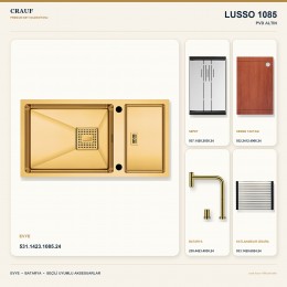 Crauf Lusso 1085 PVD Altın 82×43 cm Evye + Lusso 4030 PVD Altın Batarya 5 Parça Premium Set