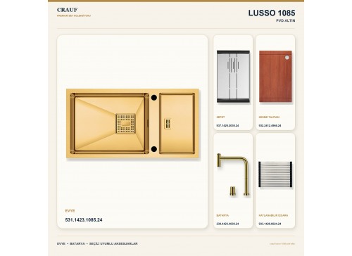 Crauf Lusso 1085 PVD Altın 82×43 cm Evye + Lusso 4030 PVD Altın Batarya 5 Parça Premium Set