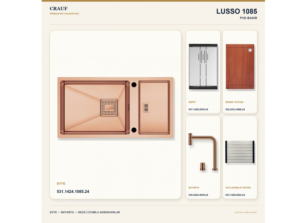 Crauf Lusso 1085 PVD Bakır 82×43 cm Evye + Lusso 4030 PVD Bakır Batarya 5 Parça Premium Set Crauf Lusso 1085 PVD Bakır 82×43 cm Evye + Lusso 4030 PVD Bakır Batarya 5 Parça Premium Set
