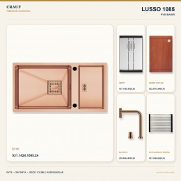 Crauf Lusso 1085 PVD Bakır 82×43 cm Evye + Lusso 4030 PVD Bakır Batarya 5 Parça Premium Set