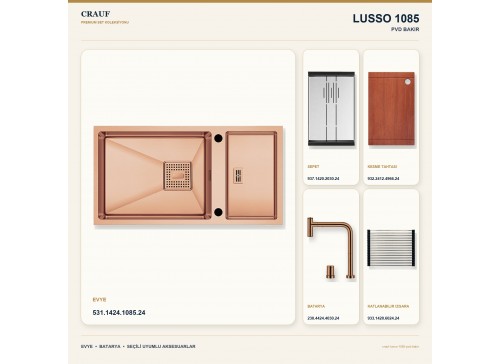 Crauf Lusso 1085 PVD Bakır 82×43 cm Evye + Lusso 4030 PVD Bakır Batarya 5 Parça Premium Set