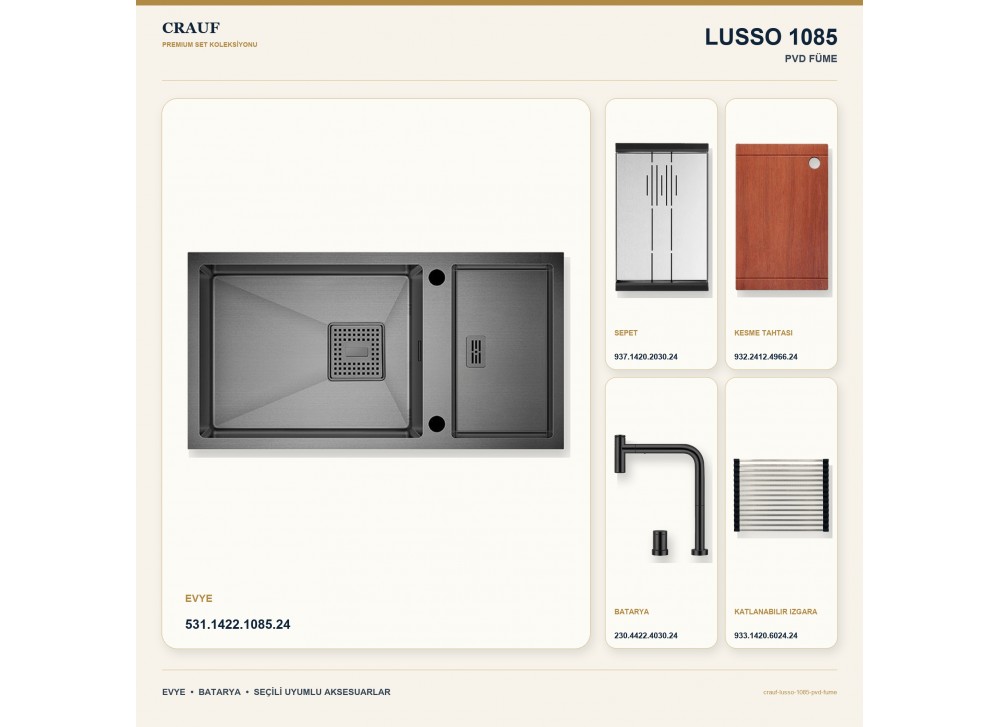 Crauf Lusso 1085 PVD Füme 82×43 cm Evye + Lusso 4030 PVD Füme Batarya 5 Parça Premium Set Crauf Lusso 1085 PVD Füme 82×43 cm Evye + Lusso 4030 PVD Füme Batarya 5 Parça Premium Set