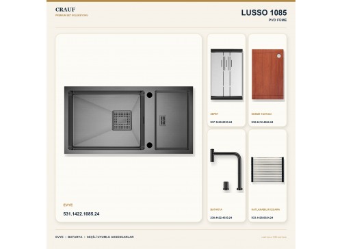 Crauf Lusso 1085 PVD Füme 82×43 cm Evye + Lusso 4030 PVD Füme Batarya 5 Parça Premium Set