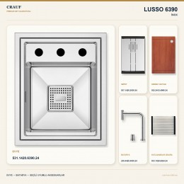 Crauf Lusso 6390 İnox 38×47 cm Evye + Lusso 4030 Çelik Batarya 5 Parça Premium Set