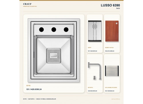 Crauf Lusso 6390 İnox 38×47 cm Evye + Lusso 4030 Çelik Batarya 5 Parça Premium Set