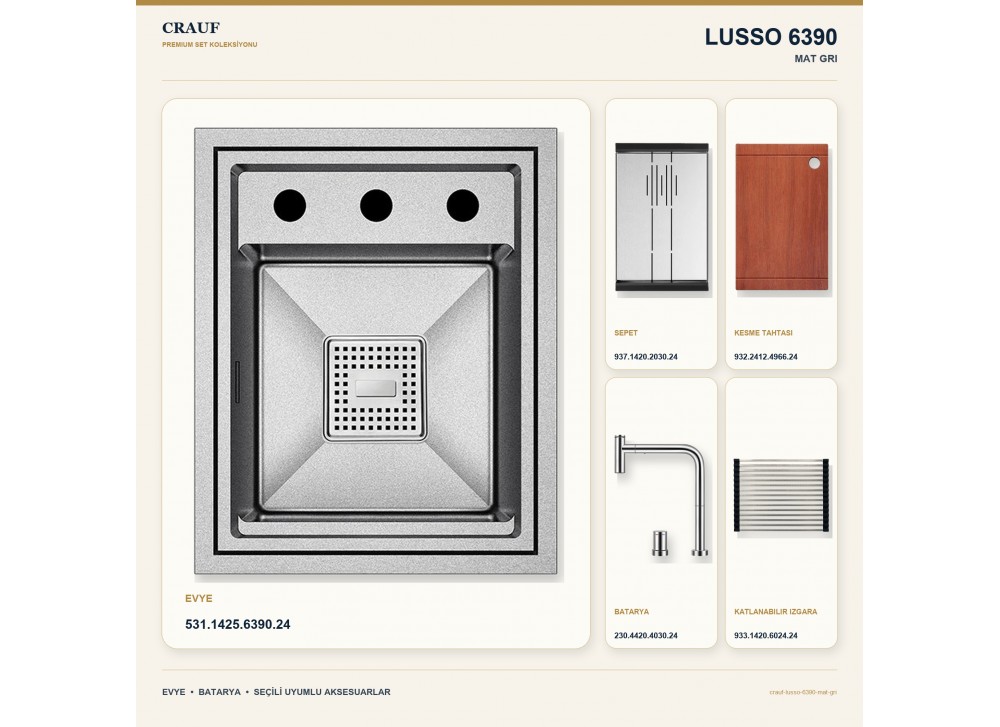 Crauf Lusso 6390 Mat Gri 38×47 cm Evye + Lusso 4030 Çelik (Mat Gri evye için nötr alternatif) Batarya 5 Parça Set Crauf Lusso 6390 Mat Gri 38×47 cm Evye + Lusso 4030 Çelik (Mat Gri evye için nötr alternatif) Batarya 5 Parça Set