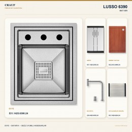 Crauf Lusso 6390 Mat Gri 38×47 cm Evye + Lusso 4030 Çelik (Mat Gri evye için nötr alternatif) Batarya 5 Parça Set