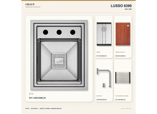 Crauf Lusso 6390 Mat Gri 38×47 cm Evye + Lusso 4030 Çelik (Mat Gri evye için nötr alternatif) Batarya 5 Parça Set