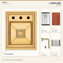 Crauf Lusso 6390 PVD Altın 38×47 cm Evye + Lusso 4030 PVD Altın Batarya 5 Parça Premium Set