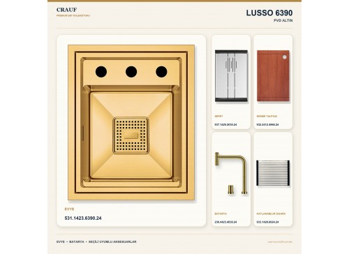 Crauf Lusso 6390 PVD Altın 38×47 cm Evye + Lusso 4030 PVD Altın Batarya 5 Parça Premium Set