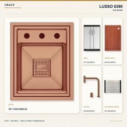 Crauf Lusso 6390 PVD Bakır 38×47 cm Evye + Lusso 4030 PVD Bakır Batarya 5 Parça Premium Set