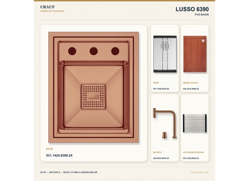 Crauf Lusso 6390 PVD Bakır 38×47 cm Evye + Lusso 4030 PVD Bakır Batarya 5 Parça Premium Set